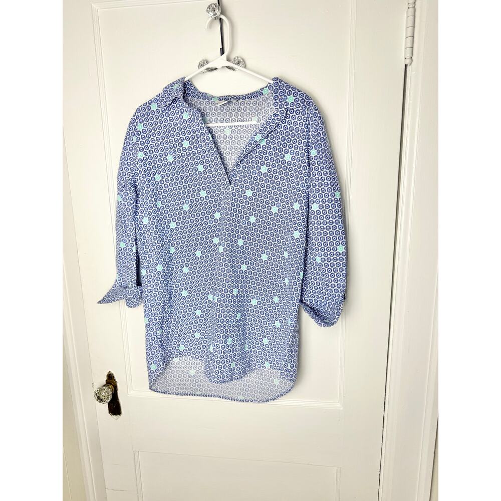 Vineyard Vines Blue Blockprint Floral Linen Cotton Popover Shirt Women's Small
